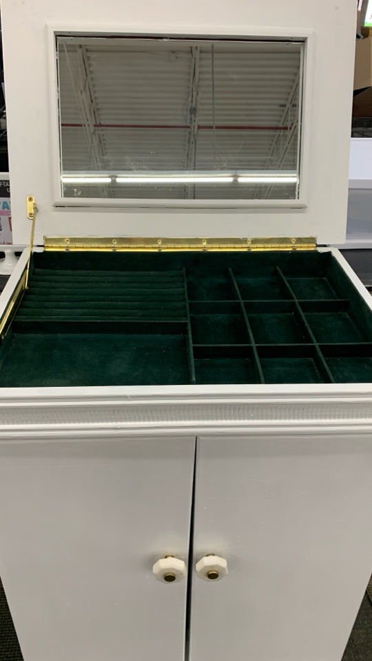 WHITE STORAGE JEWELRY ARMOIRE W/GREEN VELVET INTERIOR.