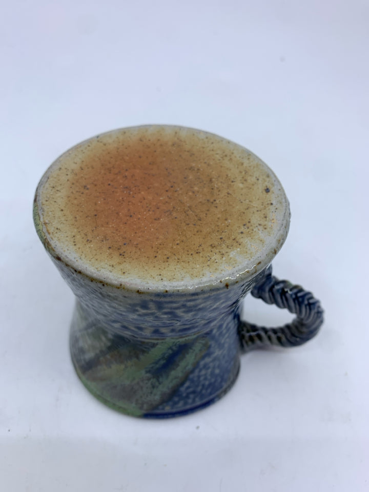 2 BLUE GREEN POTTERY MUG W BRAIDED HANDLE.
