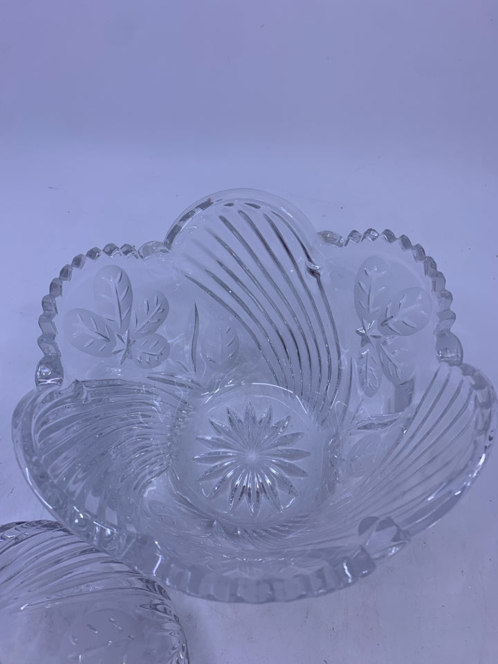 HEAVY CRYSTAL ETCHED FROSTED LEAVES CANDY DISH W/ LID.