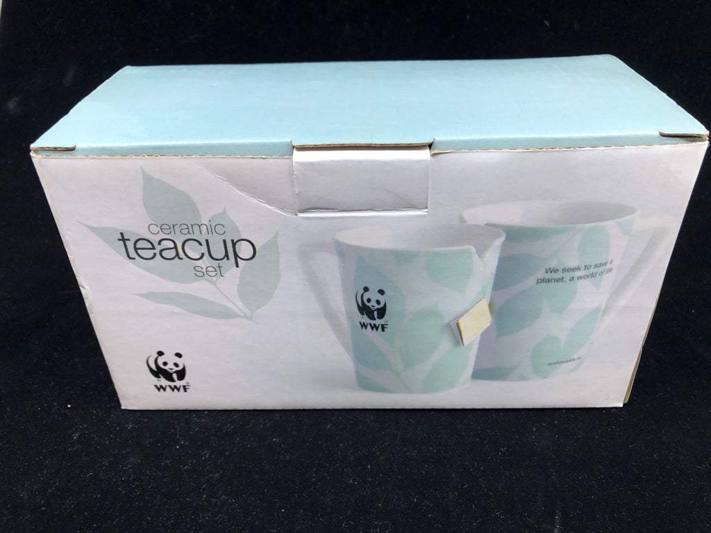 NIB 2 CERAMIC TEA CUP SET TEAL LEAVES.