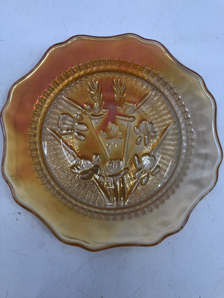 VTG CARNIVAL GLASS TEA CUP/SAUCER EMBOSSED FLOWERS.