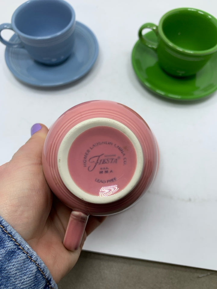 6PC SVC 3 ASSORTED COLORS TEACUPS & SAUCERS.
