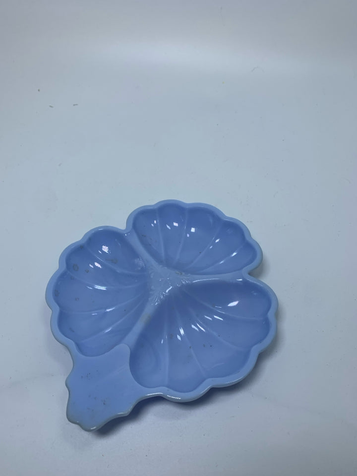 PALE BLUE MILK GLASS DIVIDED CLOVER SHAPED DISH.