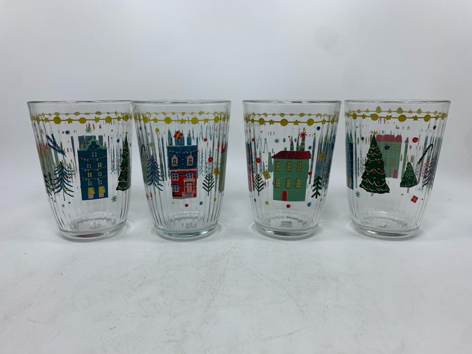 4 CHRISTMAS/WINTER THEMED RIBBED GLASSES.
