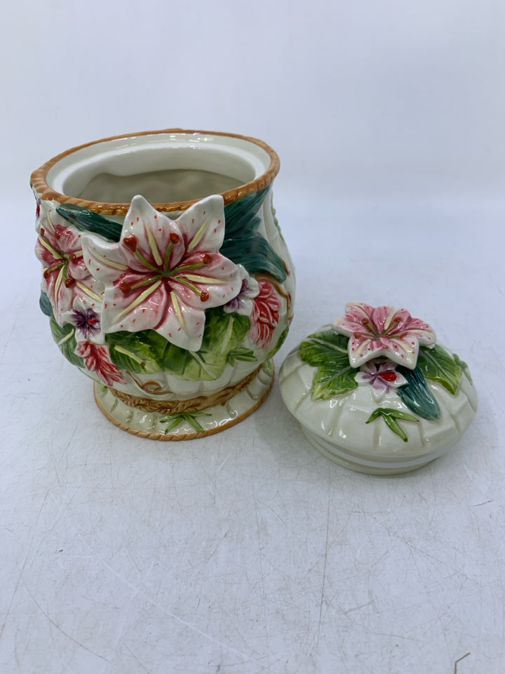 CERAMIC EMBOSSED LILLIES CANISTER.
