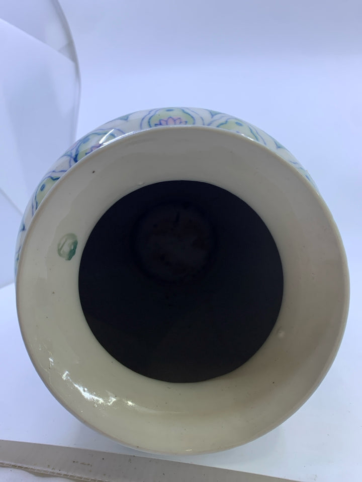 LARGE ASIAN STYLE FLOOR VASE W/ PINK FLOWERS GREEN DESIGNS.