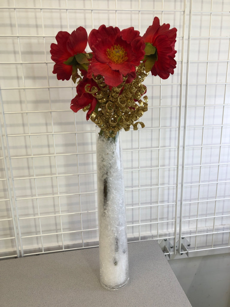 RED FLORALS W/GOLD TWIRLS IN CRACKLE VASE.