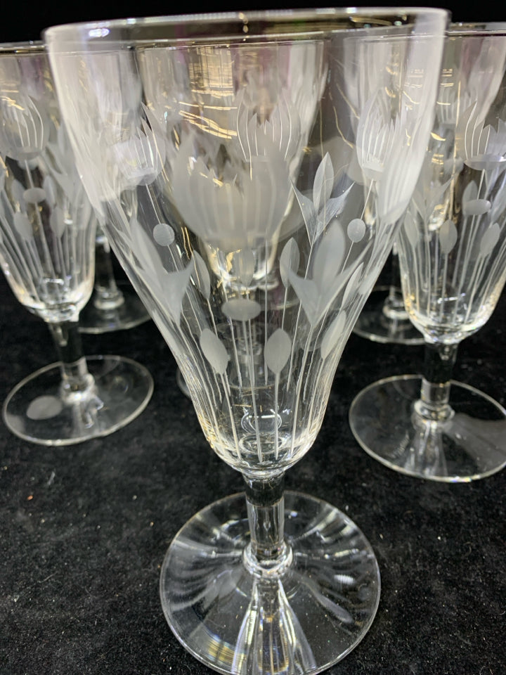 7 ETCHED TULIP WINE GLASSES.