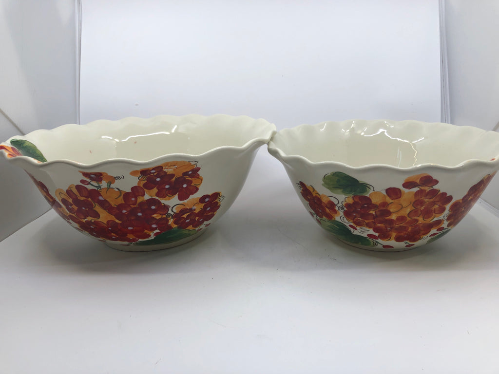 2 RED GERANIUM BLOOM FLORAL NESTING SERVING BOWLS.