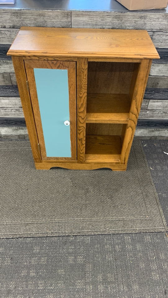 TEAL PAINTED WOODEN STORAGE CABINET.