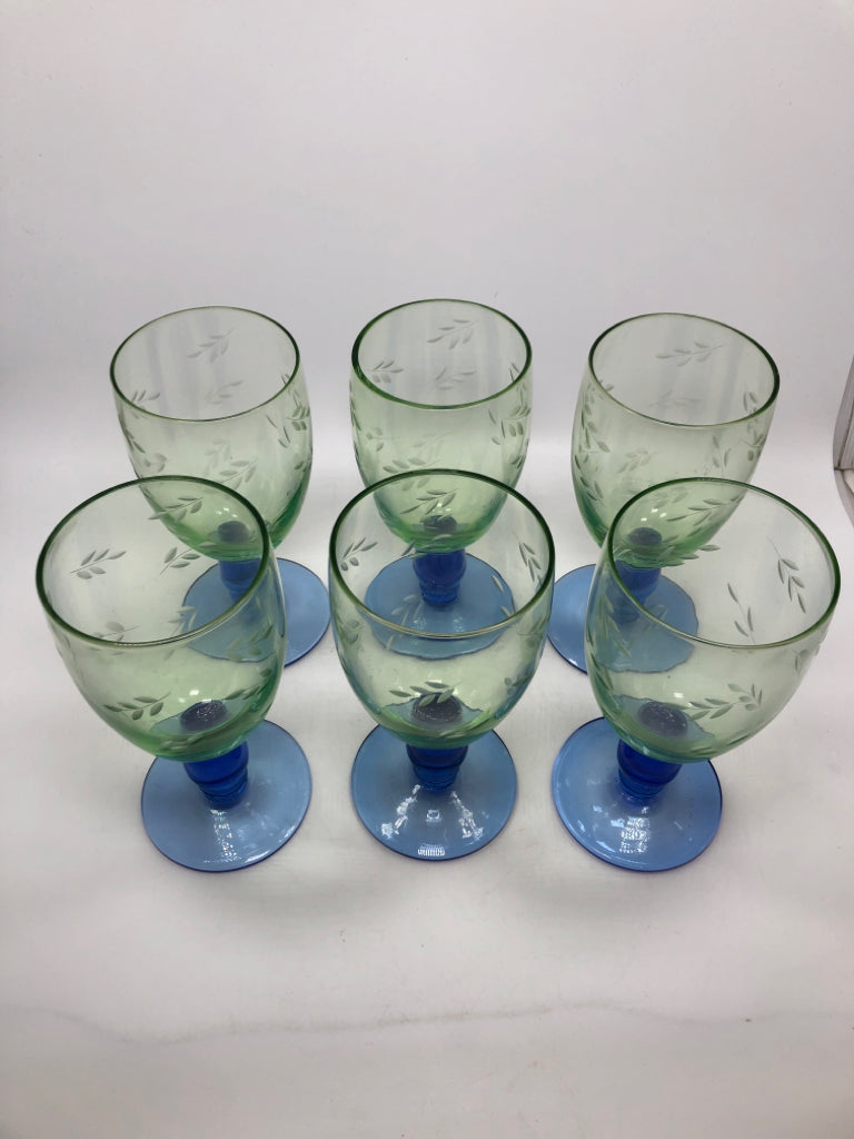 6 BLUE STEM GREEN GLASS GOBLETS.