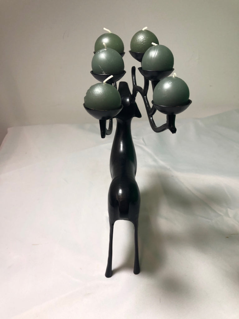 BLACK METAL DEER W/ 6 GREEN CIRCLE CANDLES ON ANTLERS.