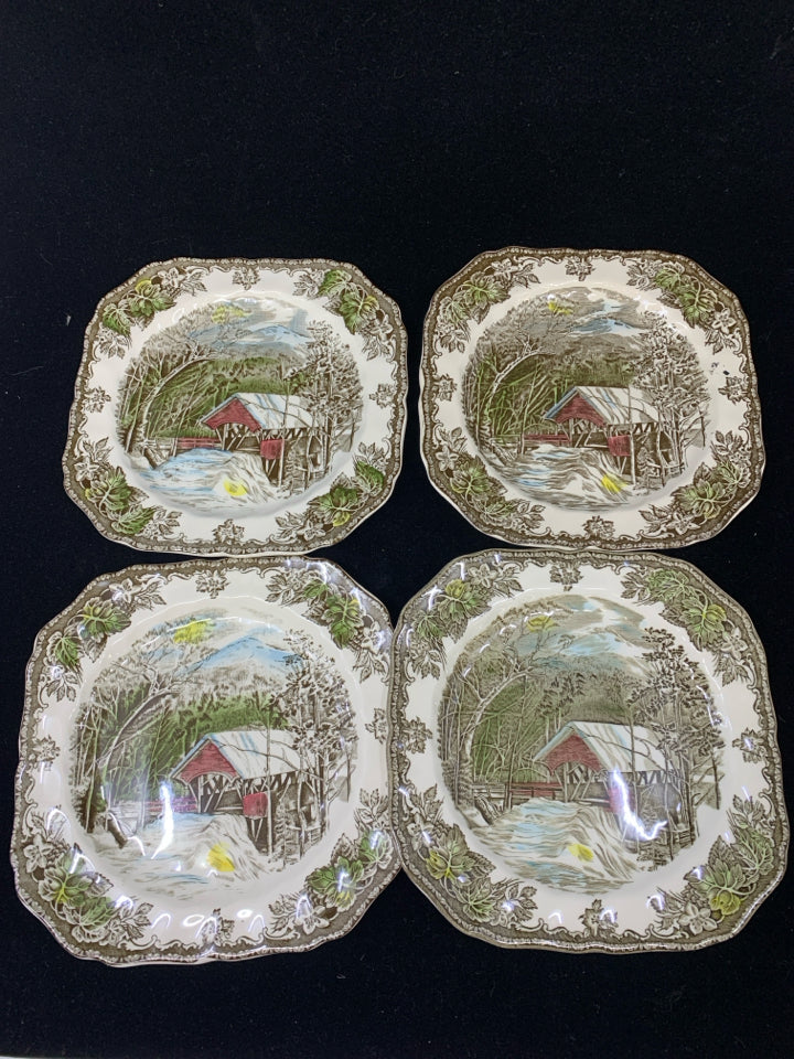 4 APPETIZER SQUARE PLATES RED BARN SCENE JOHNSON BROS.