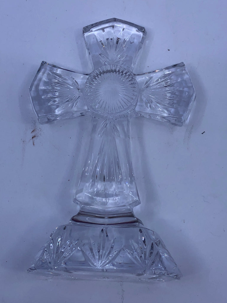 GLASS CROSS ON STAND W/ ETCHED LINES.