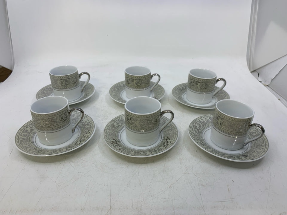 VTG 12 PC DEMITASSE WHITE W/ SILVER SCROLL YAU SHING.
