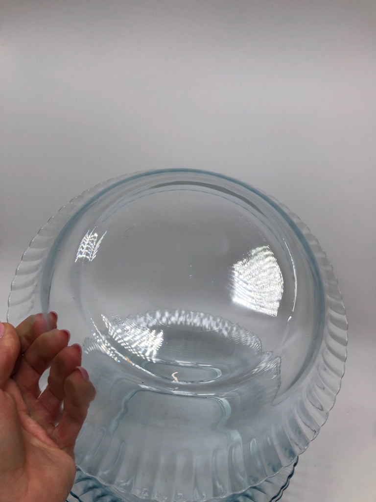 3 LT BLUE GLASS BOWLS W/RUFFLED EDGE.