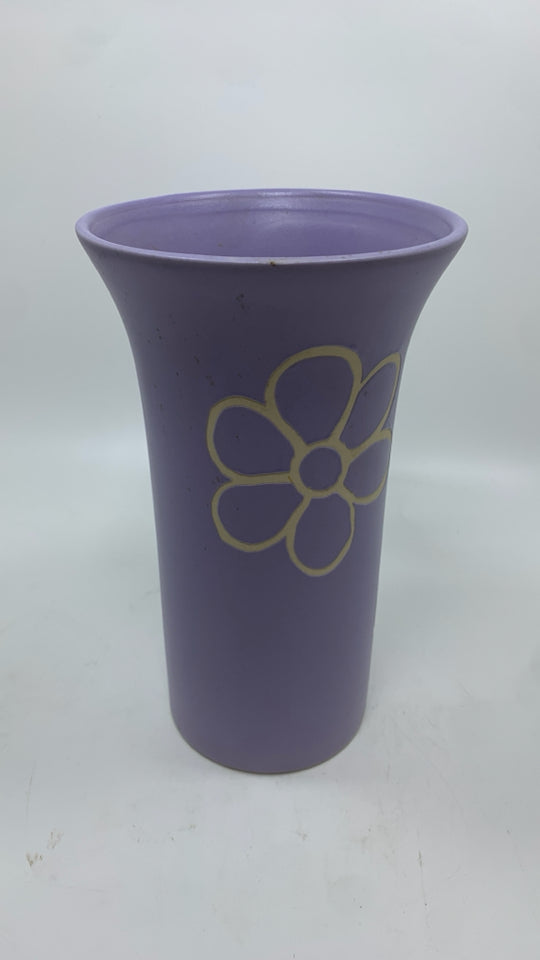 PURPLE CERAMIC VASE W/WHITE FLOWER ETCHING.