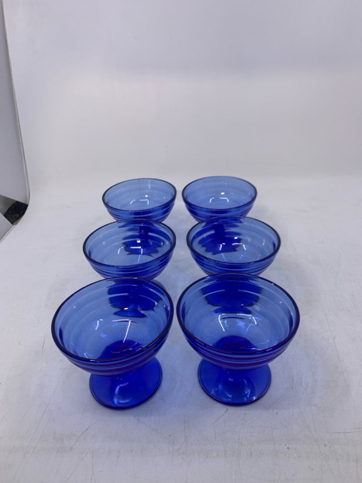 6 SHORT COBALT BLUE GLASSES W/ LINES.