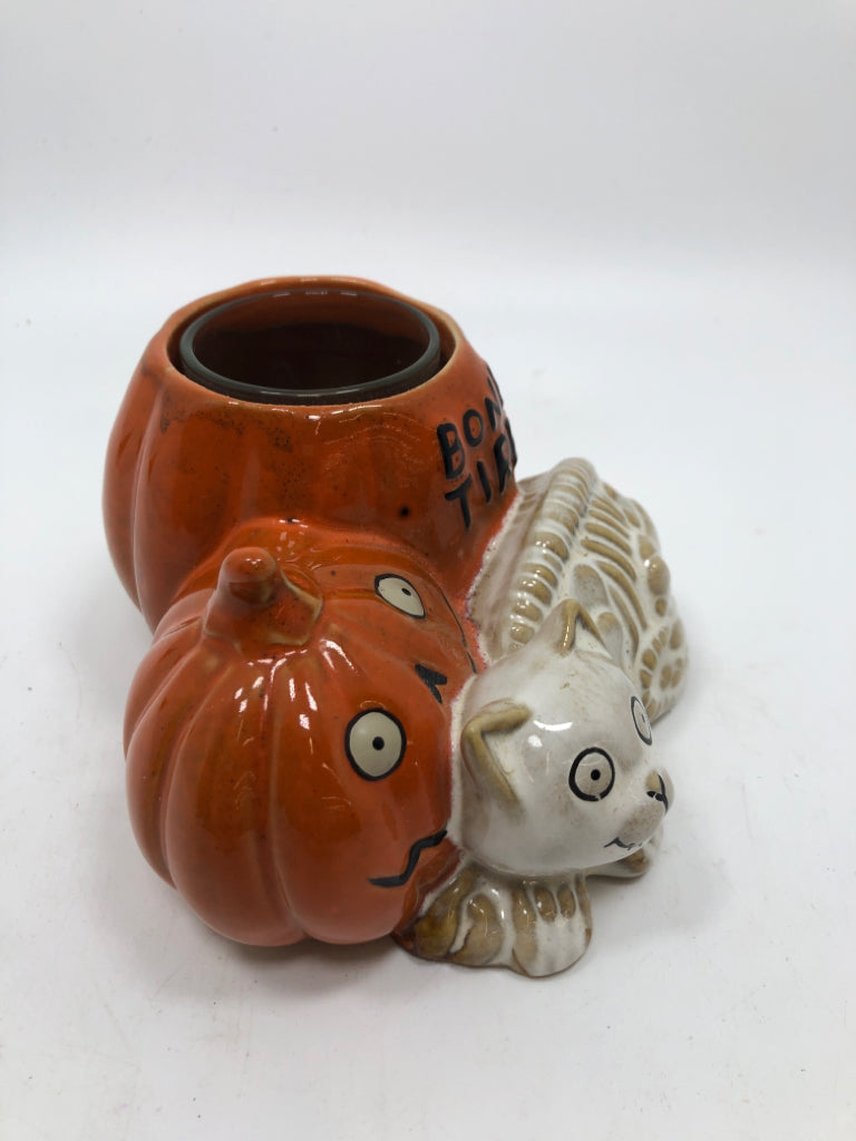 VOTIVE CANDLE HOLDER BONEY BUNCH PUMPKIN & SKELETON CAT -YANKEE CANDLE.