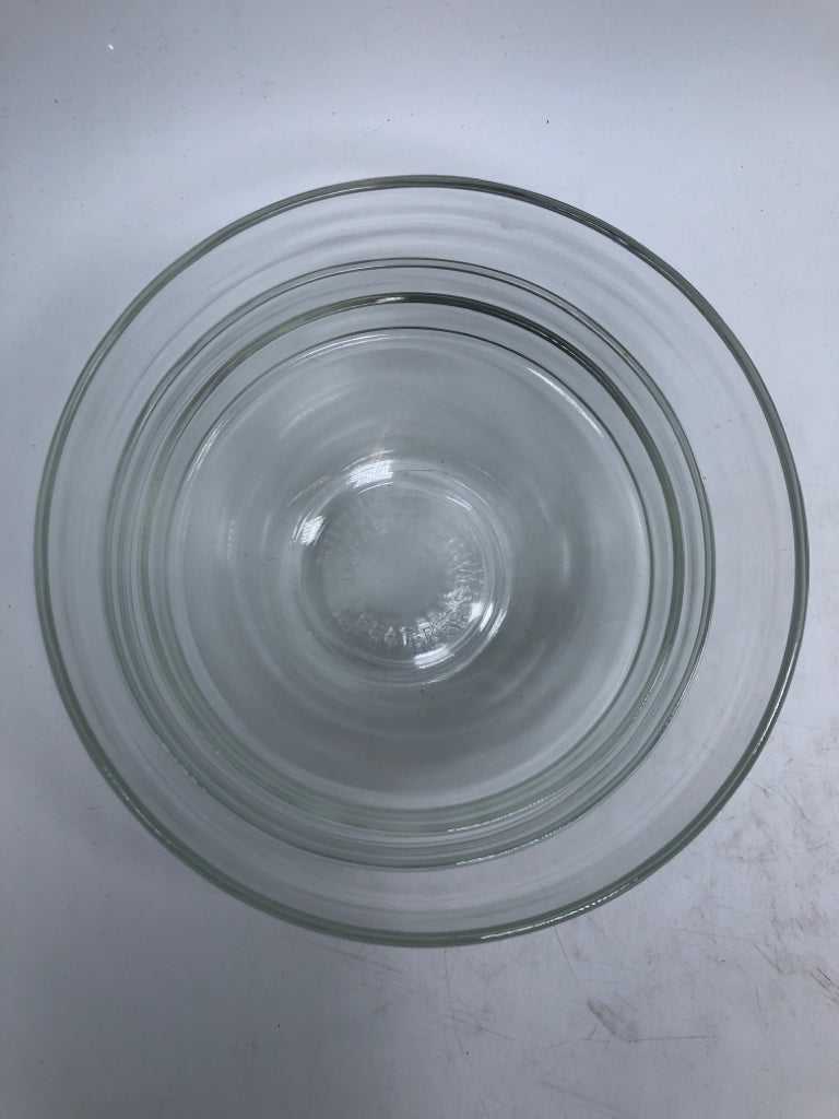 3PC DURABLE CLEAR GLASS NESTING BOWLS.