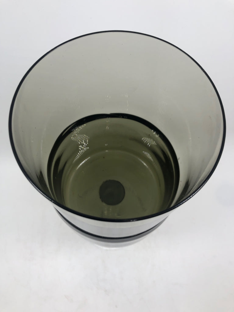 SMOKY GRAY DOUBLE DIP BLOWN GLASS PILLAR CANDLE HOLDER.