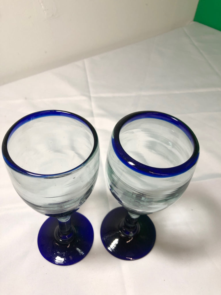 5 BLOWN GLASS WHITE GLASSES BLUE RIM/BOTTOM.