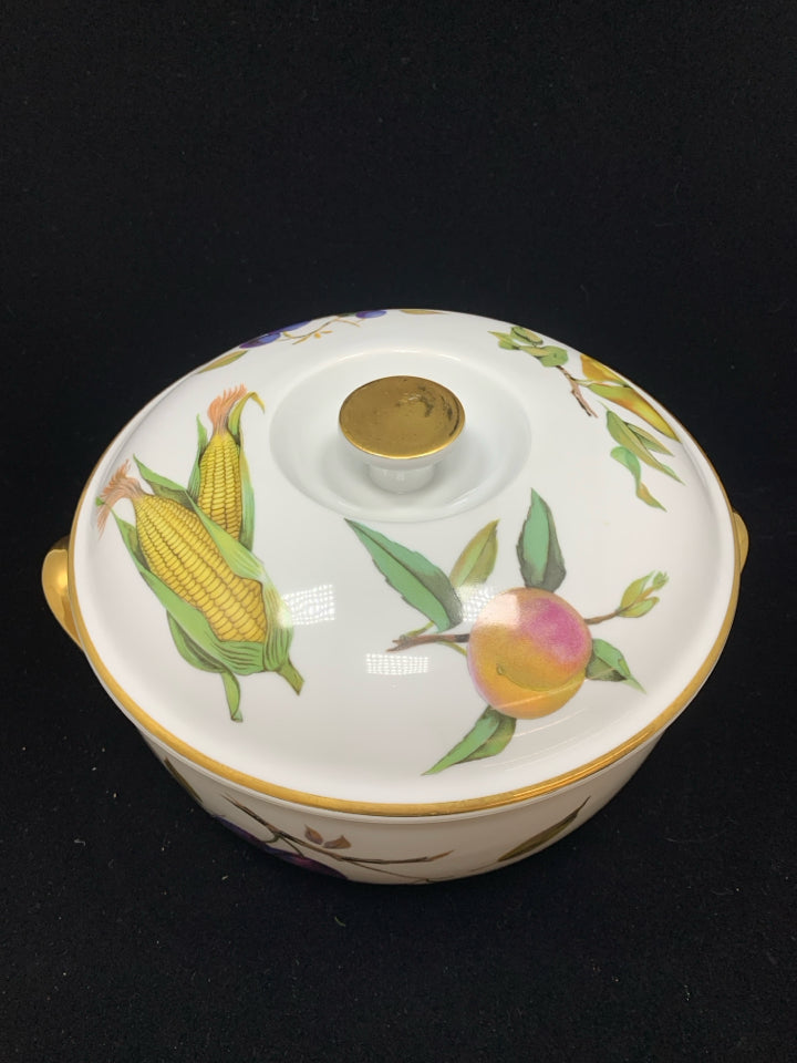 FRUIT DESIGN ROUND COVERED CASSEROLE DISH.