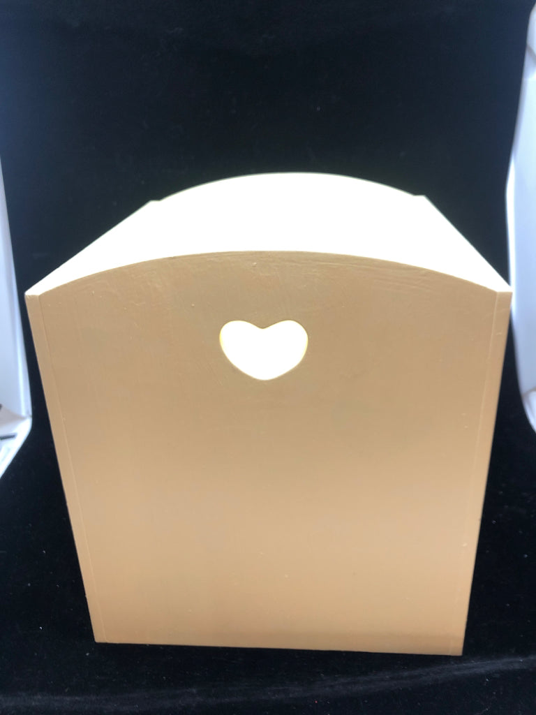 YELLOW WOODEN BIN W/HEART CUT OUT.