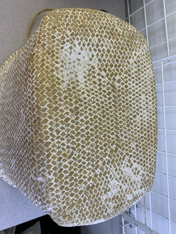 CREAM AND BROWN OVAL BASKET W HANDLES.