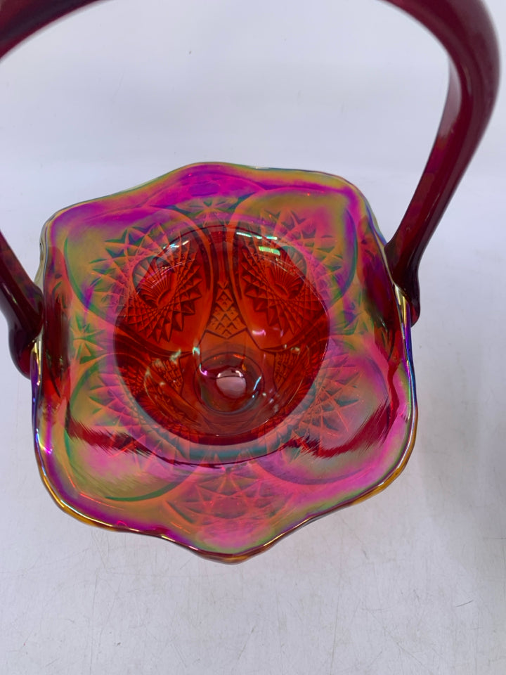 VTG INDIANA AMBERINA RED SUNSET CARNIVAL GLASS HEIRLOOM PATTERN BASKET.