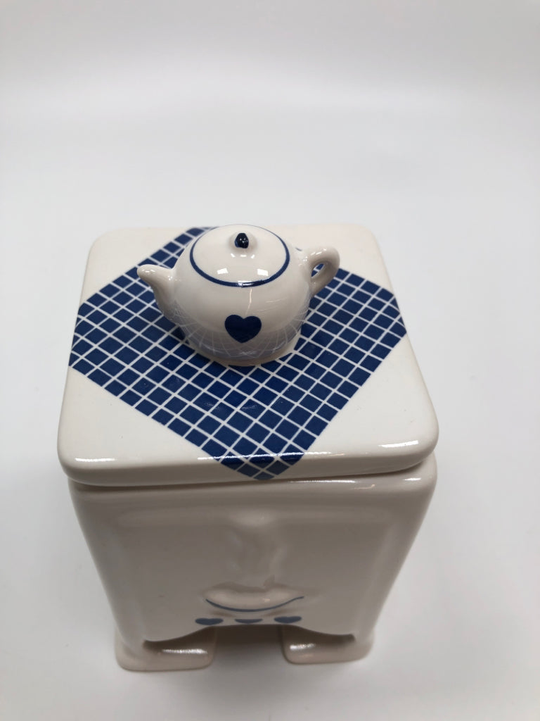 WHITE CERAMIC TEA BAG DISPENSER W/TEAPOT LID.
