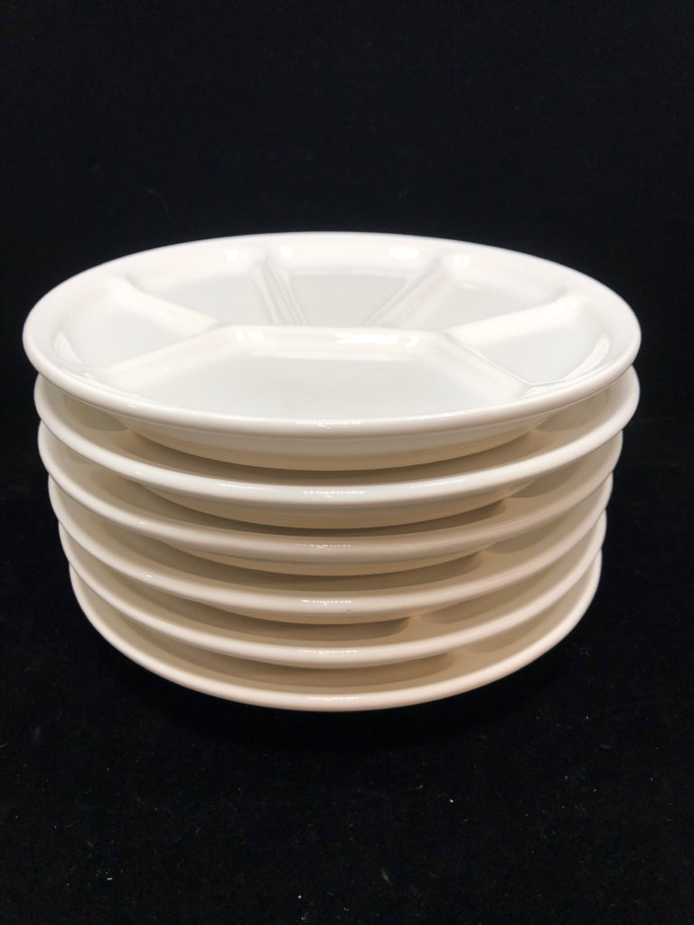 6- DIVIDED VARAGES WHITE CERAMIC FONDUE PLATES.