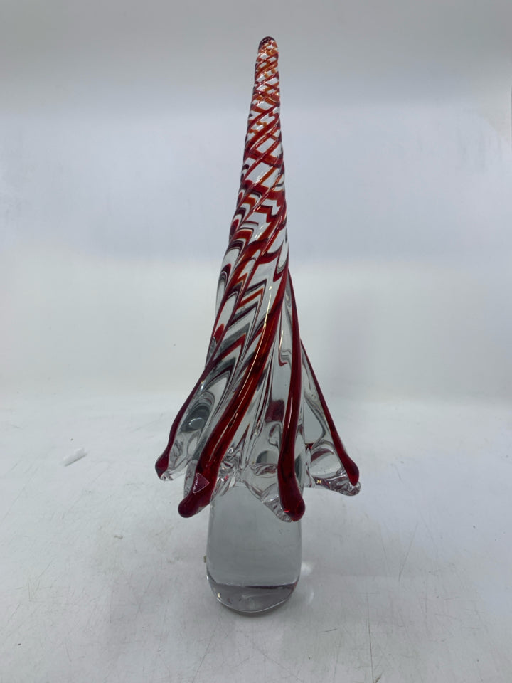 TALL RED SWIRL GLASS TREE.