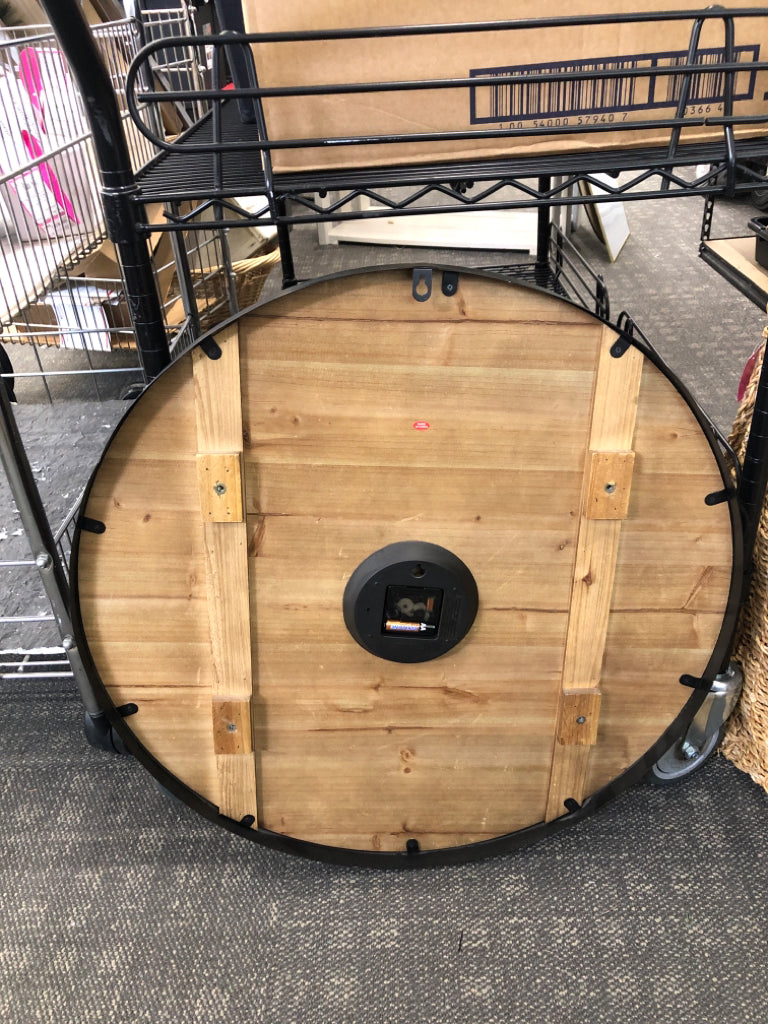 RUSTIC WOODEN CLOCK W/BLACK RIM.
