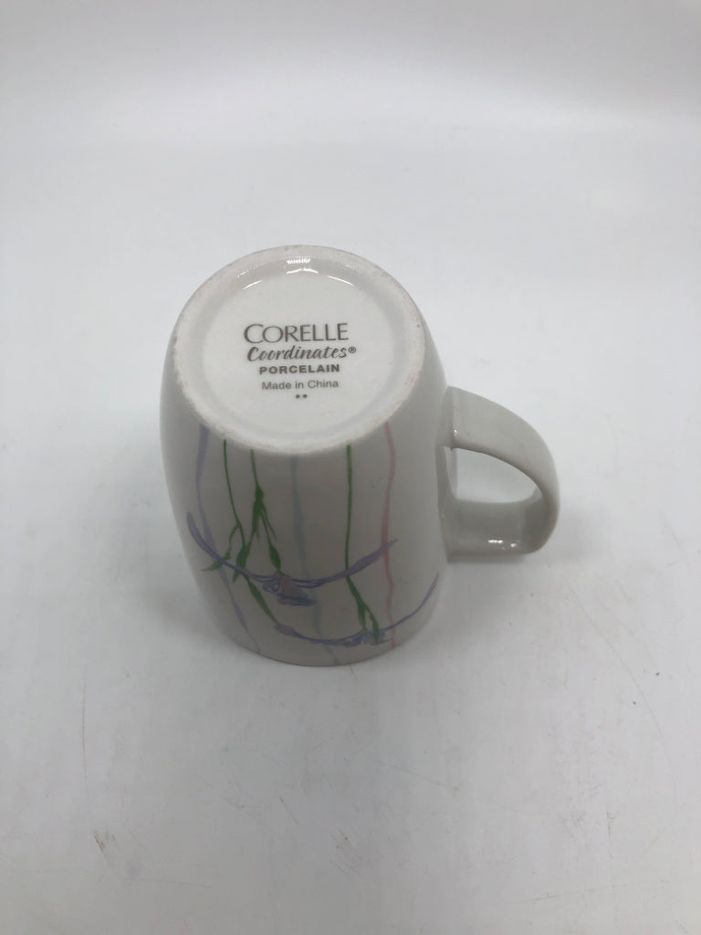 4 PURPLE IRIS CORELLE COFFEE MUGS.