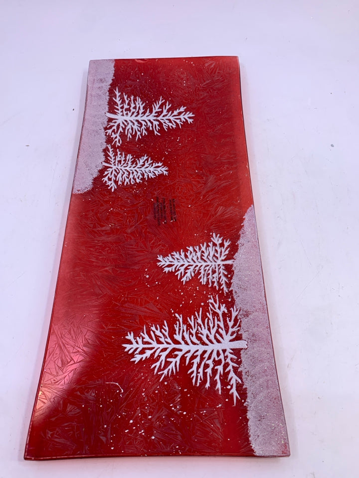 RECTANGLE RED GLASS WHITE GLITTER TREES PLATTER.