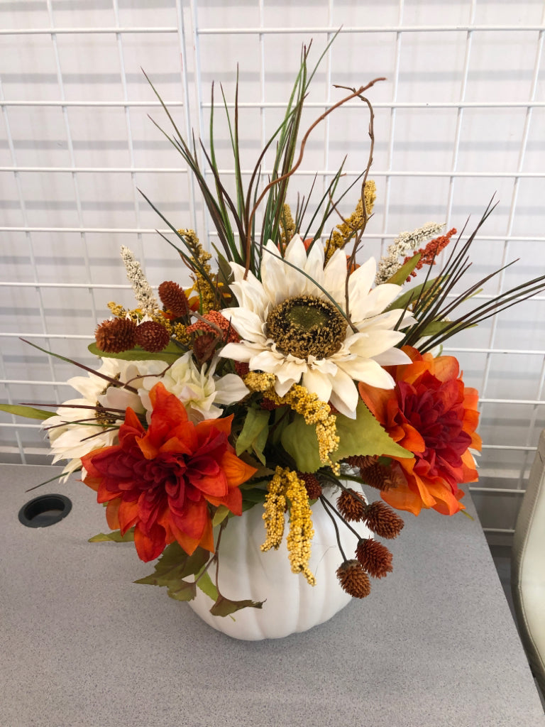 FAUX FALL BOUQUET IN PLASTIC WHITE PUMPKIN.