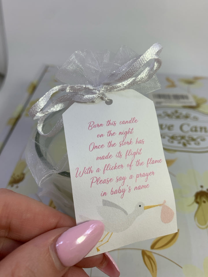 20PK BABY SHOWER GLASS VOTIVE CANDLES IN BOX.