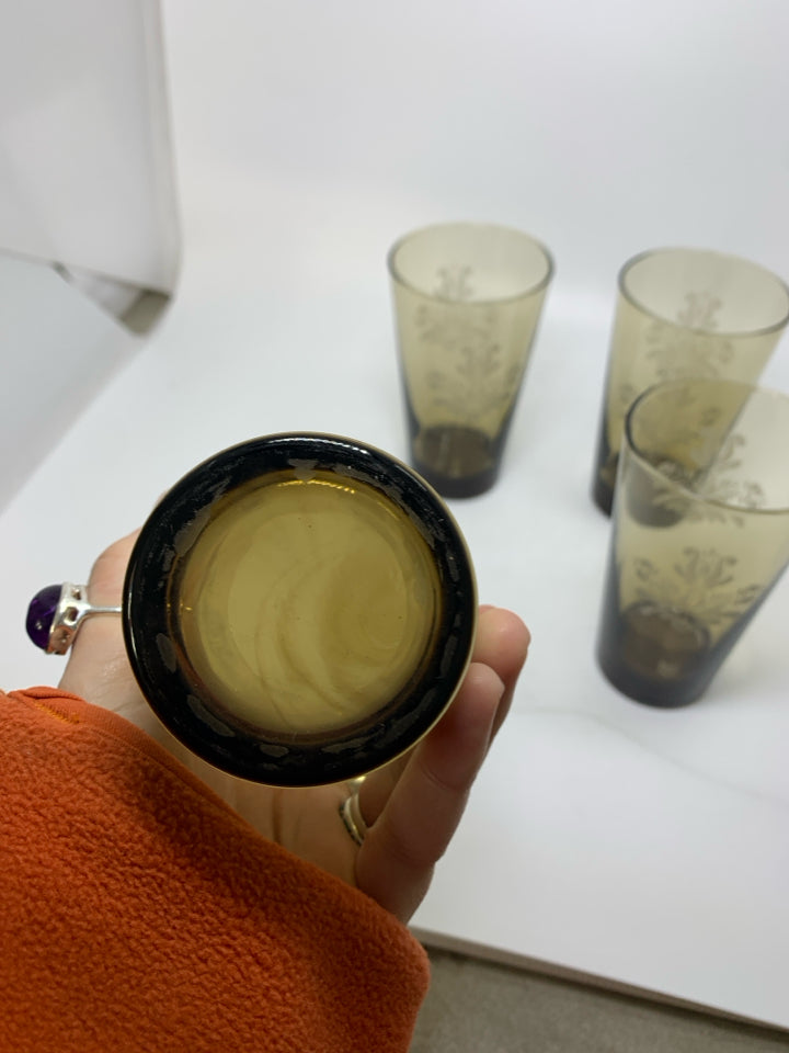 4 LIBBEY "VILLAGE" SMOKEY BROWN TUMBLERS.