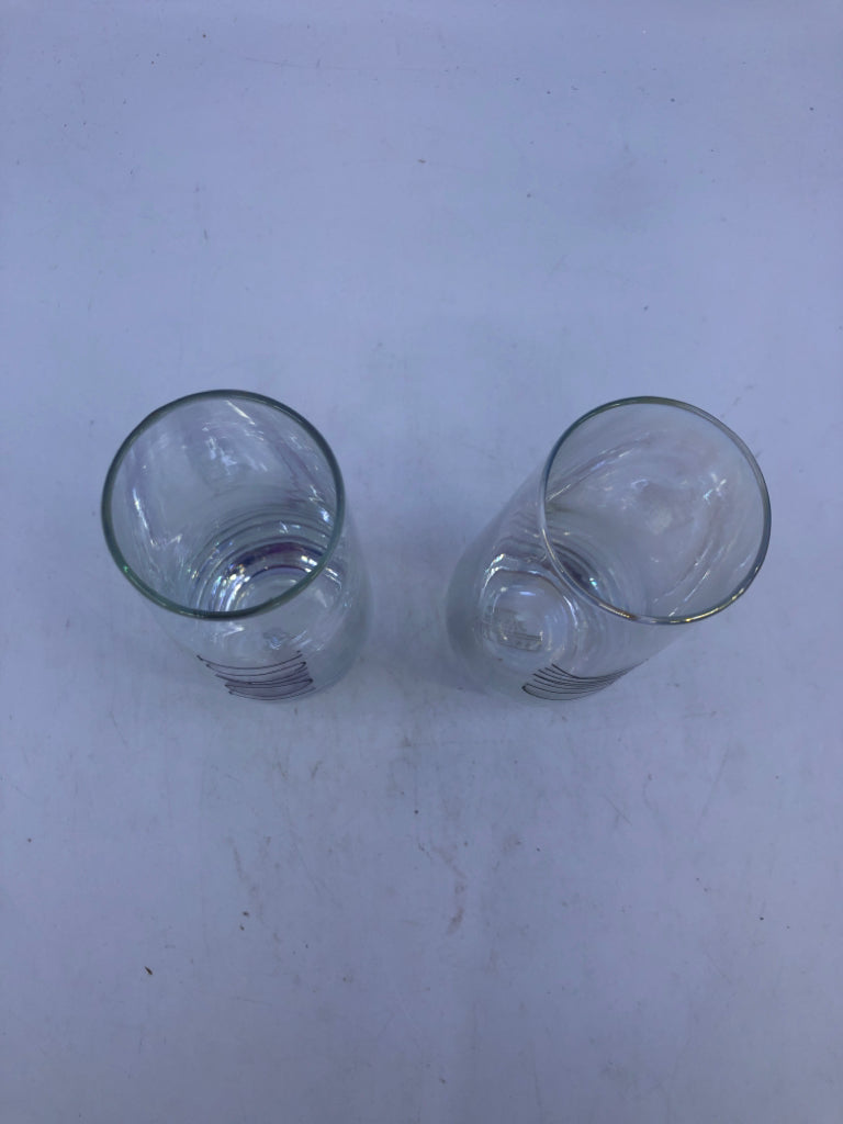 2 IRIDESCENT TOAST/CLINK RAE DUNN CHAMPAGNE STEMLESS FLUTES.