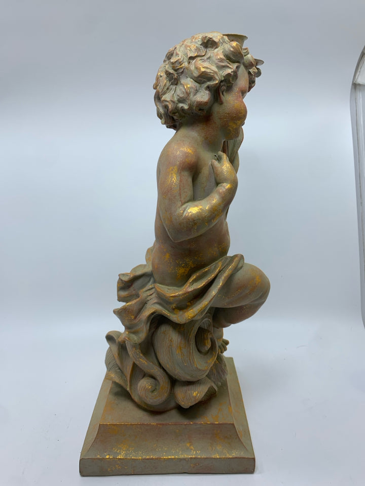 HAND-PAINTED DECOLINE CHERUB CANDLESTICK HOLDER.