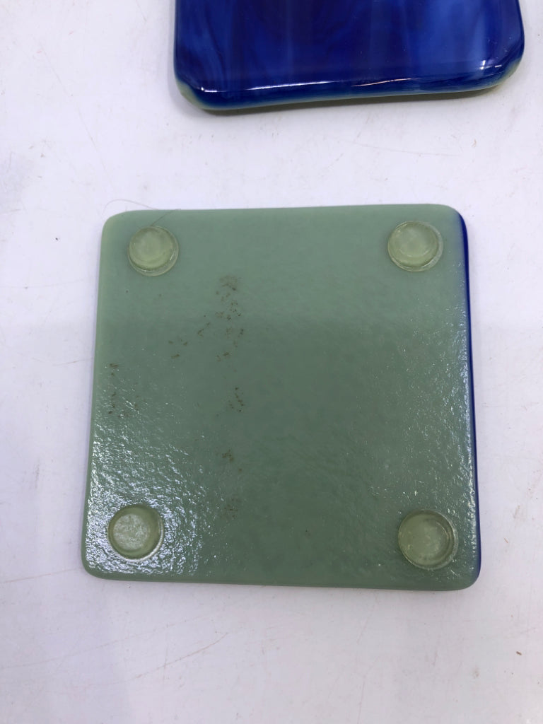4 COBALT BLUE BLOWN GLASS SQUARE COASTERS.