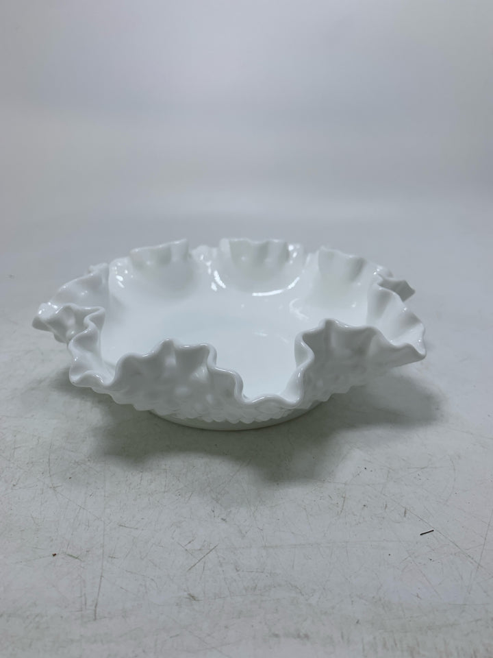 SHALLOW HOBNAIL MILK GLASS BOWL W/ RUFFLED EDGE.