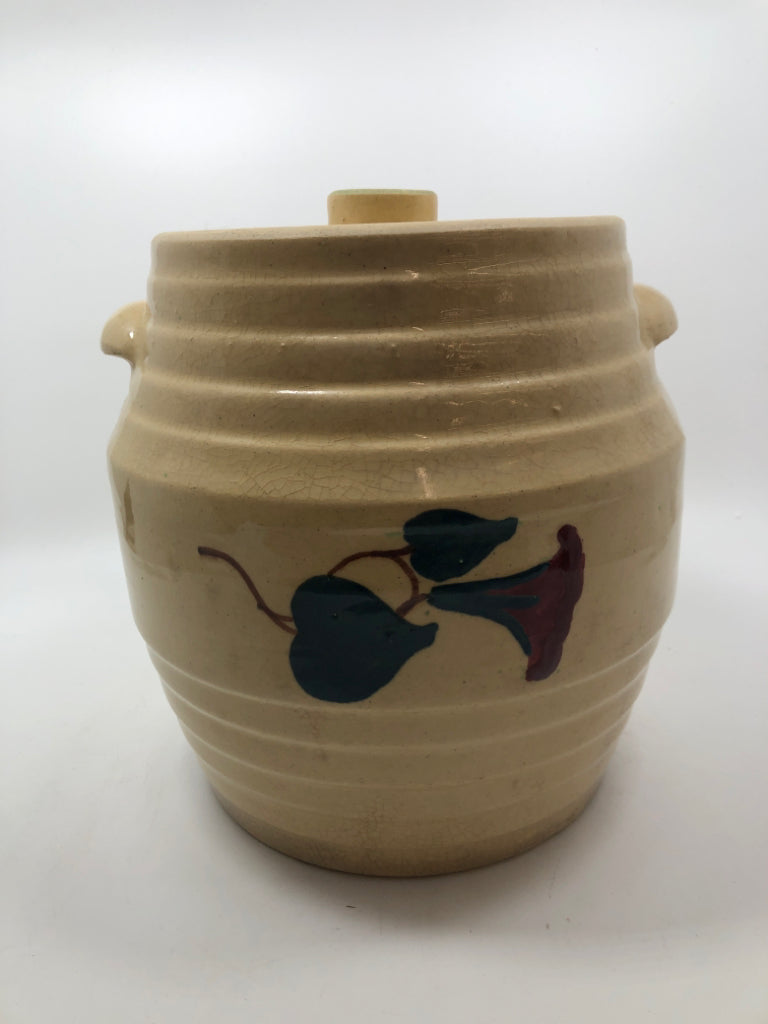 VTG SPAULDINGS POTTERY COOKIE JAR W/PAINTED FLOWER.