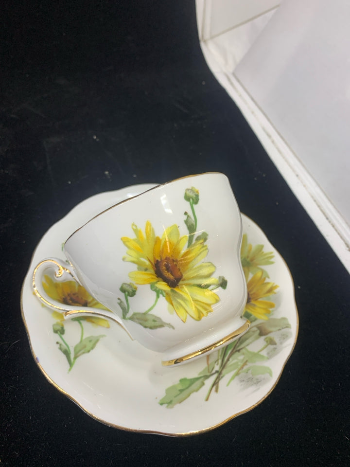 VTG WHITE W/YELLOW BROWN EYED SUSAN TEA CUP & SAUCER-ROYAL STANDARD