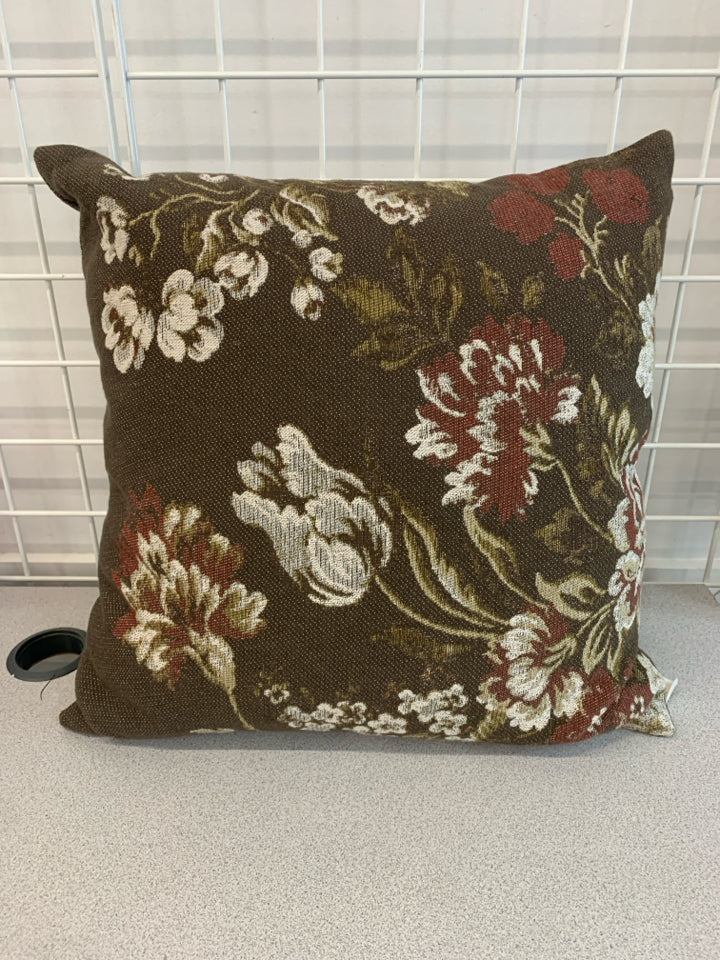 BROWN FLORAL THROW PILLOW.