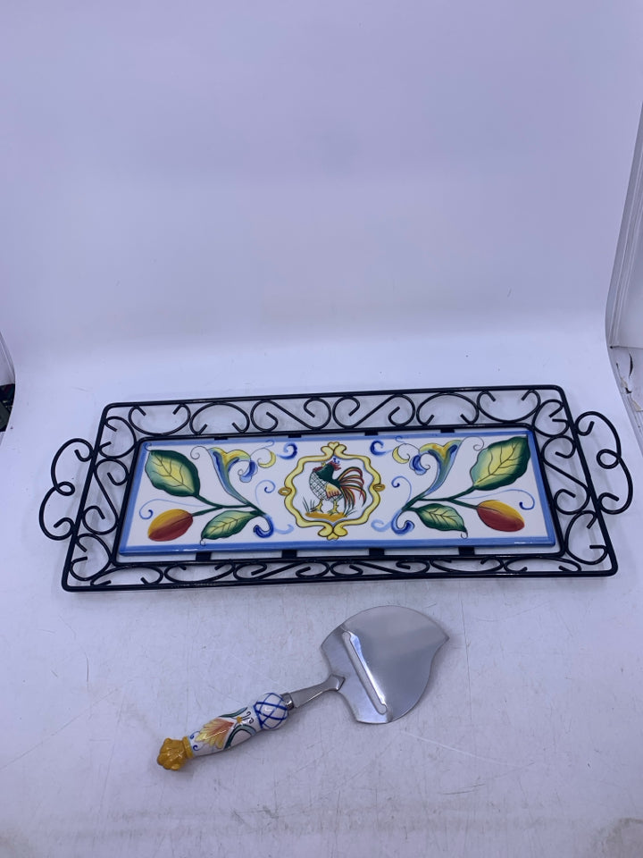2 PC RICAMO METAL/CERAMIC TRAY W/ CHEESE KNIFE.