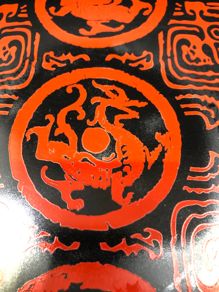 BLACK GLASS RED DRAGON SERVING PLATE.