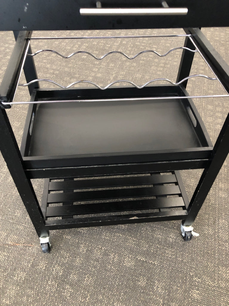 BLACK W STAINLESS STEEL METAL CART ON WHEELS.