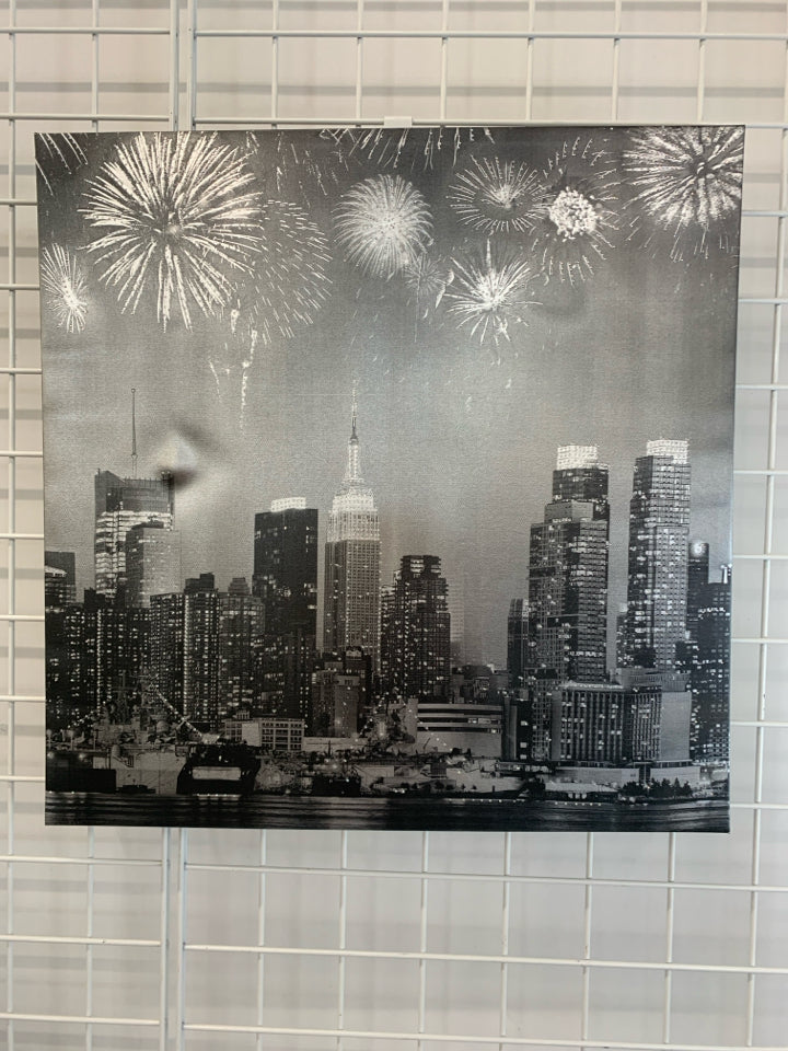 TEXTURED SILVER CITY FIREWORK SKYLINE.